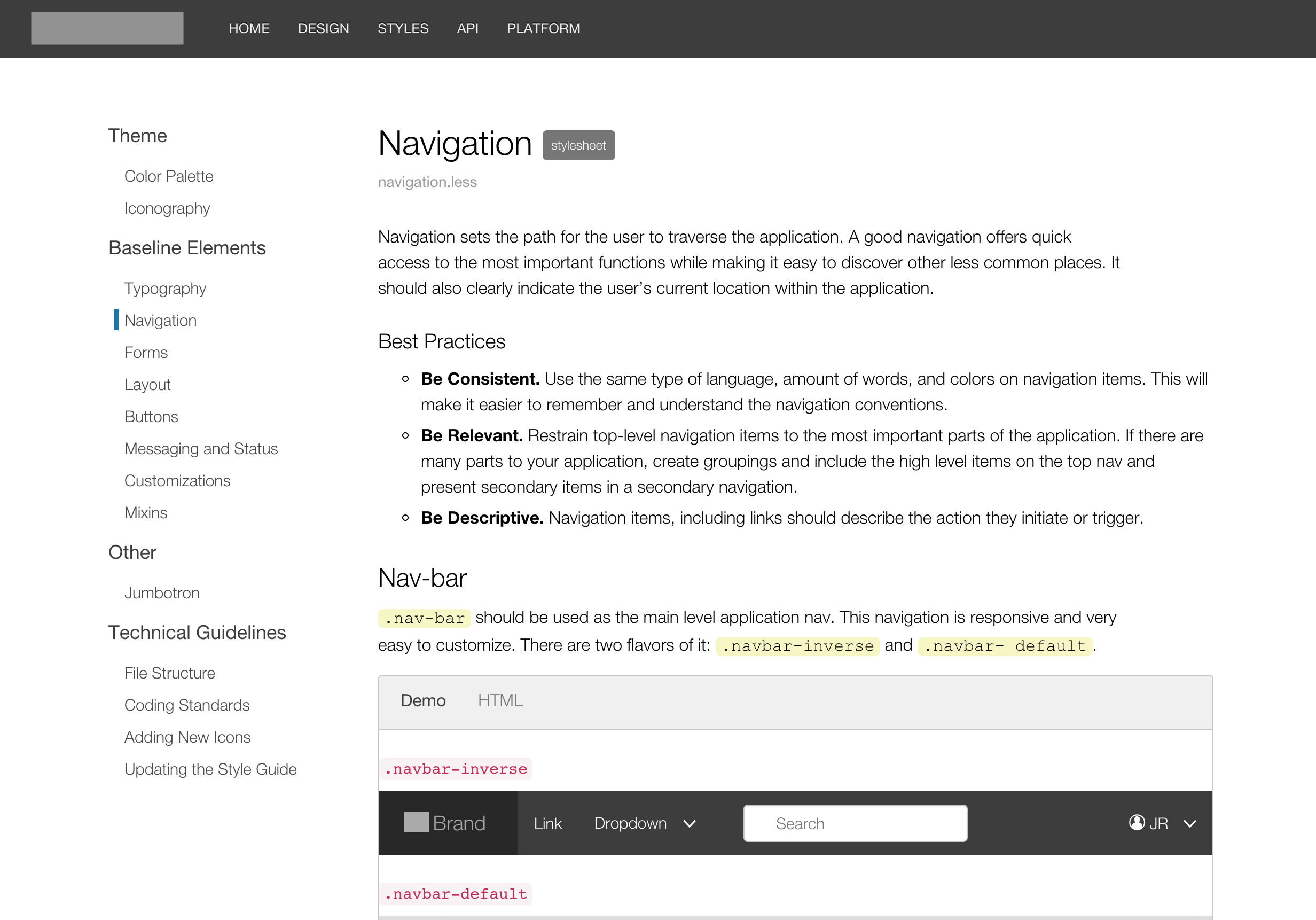 Screencap of the navigation documentation page